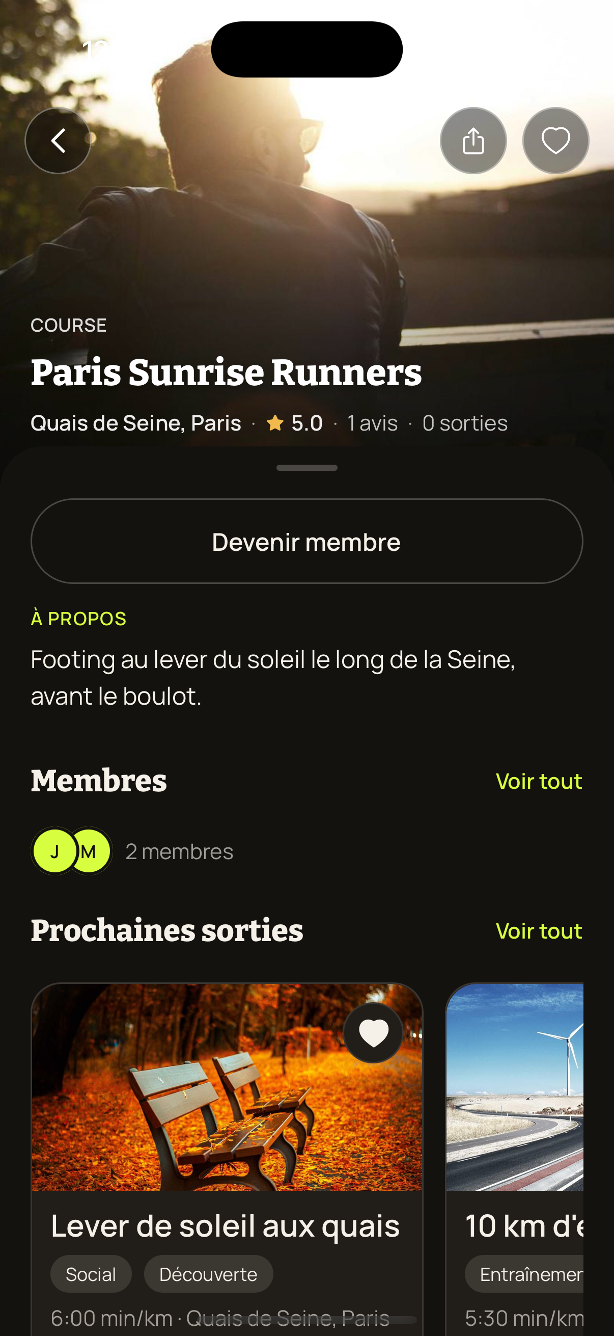Page d'un club GOSO avec ses membres et ses prochaines sorties