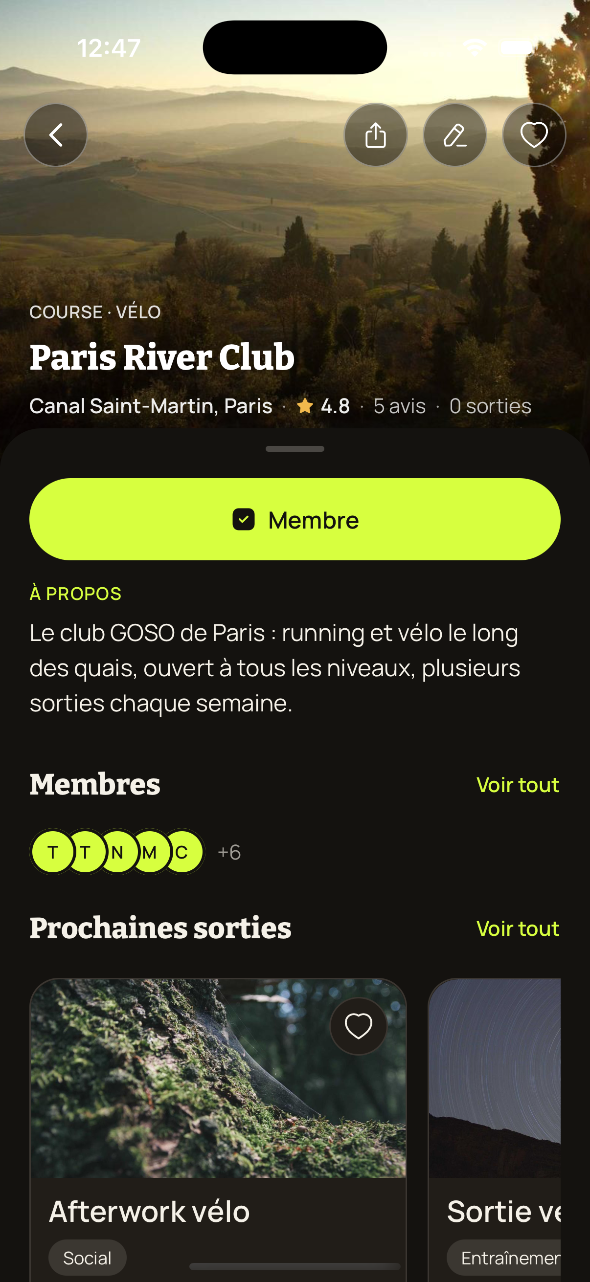 Page d'un club GOSO vue par son organisateur, avec note, membres et prochaines sorties