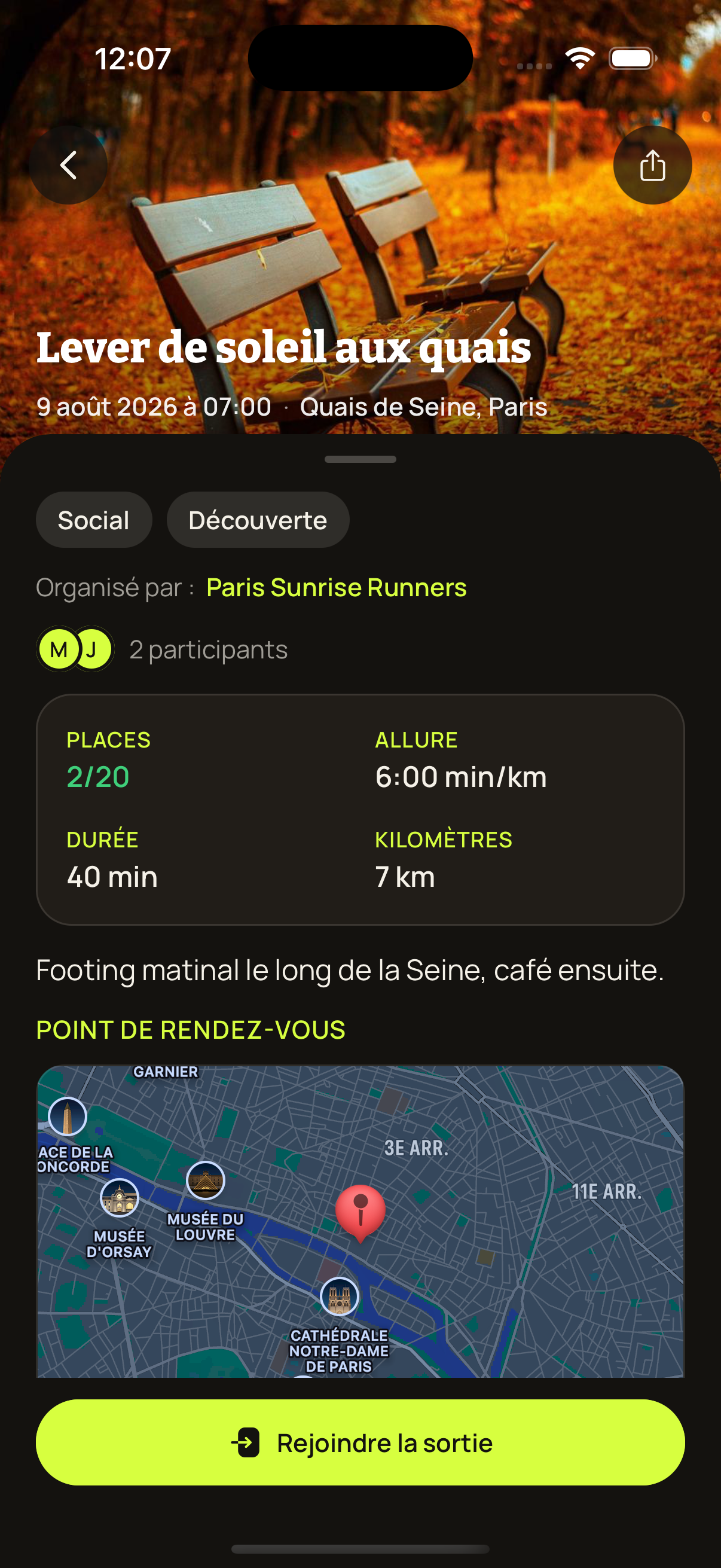 Détail d'une sortie GOSO avec les infos, la carte et le bouton pour rejoindre