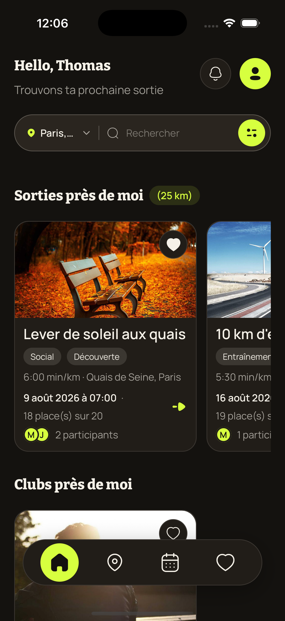 Écran d'accueil de l'application GOSO avec les sorties et clubs à proximité