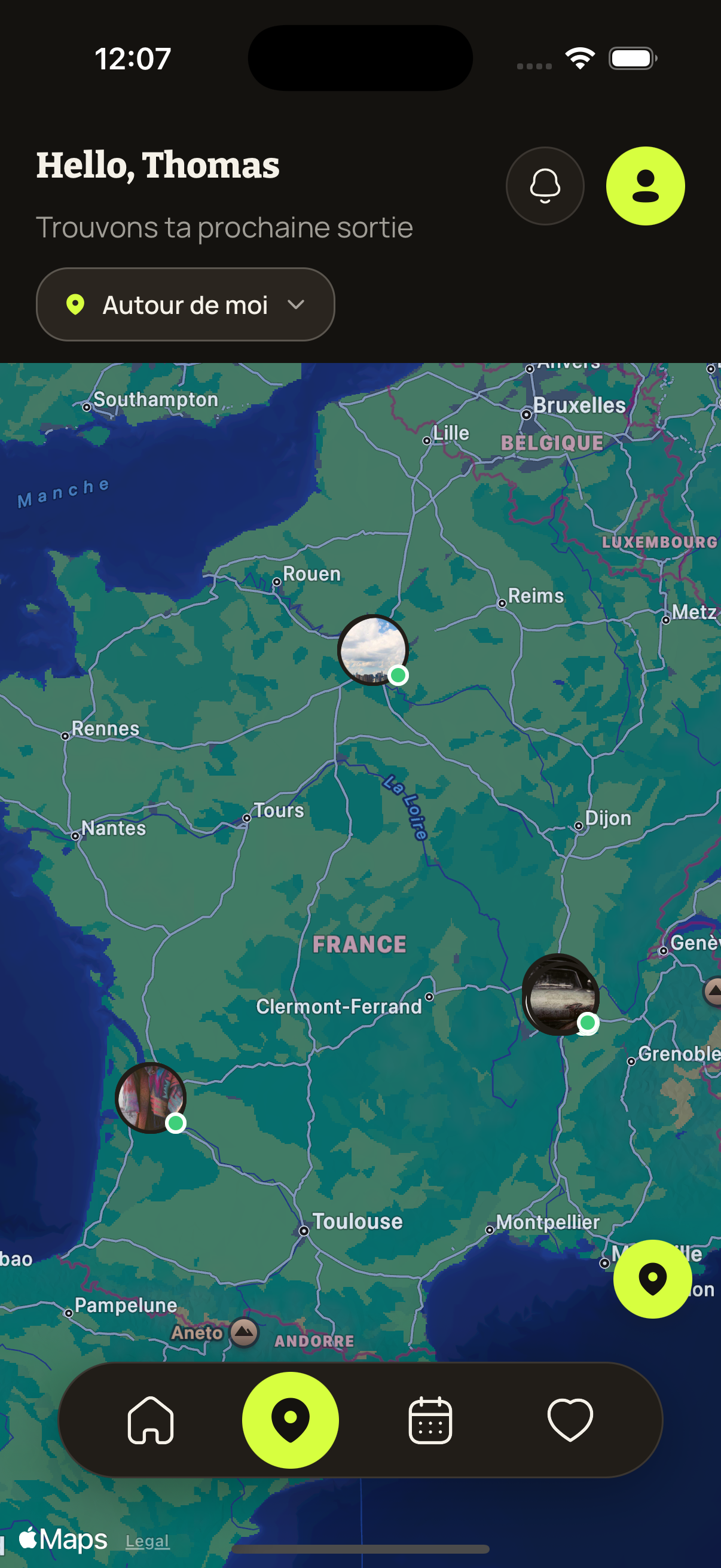 Carte des sorties et clubs autour de toi dans l'application GOSO